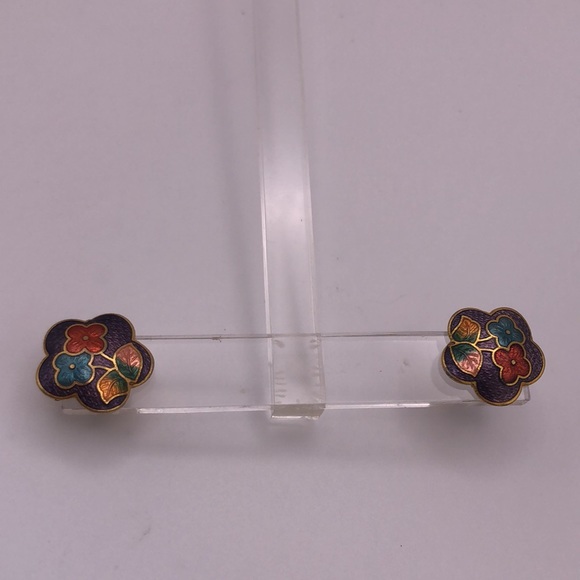 VTG Purple Background Floral Enamel Earrings Cloisonné Yellow Green Blue - Picture 3 of 9